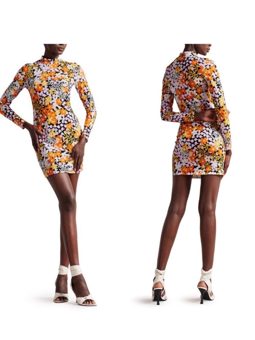 Ted Baker Black Floral Mini Dress with Yellow & Pink Blooms